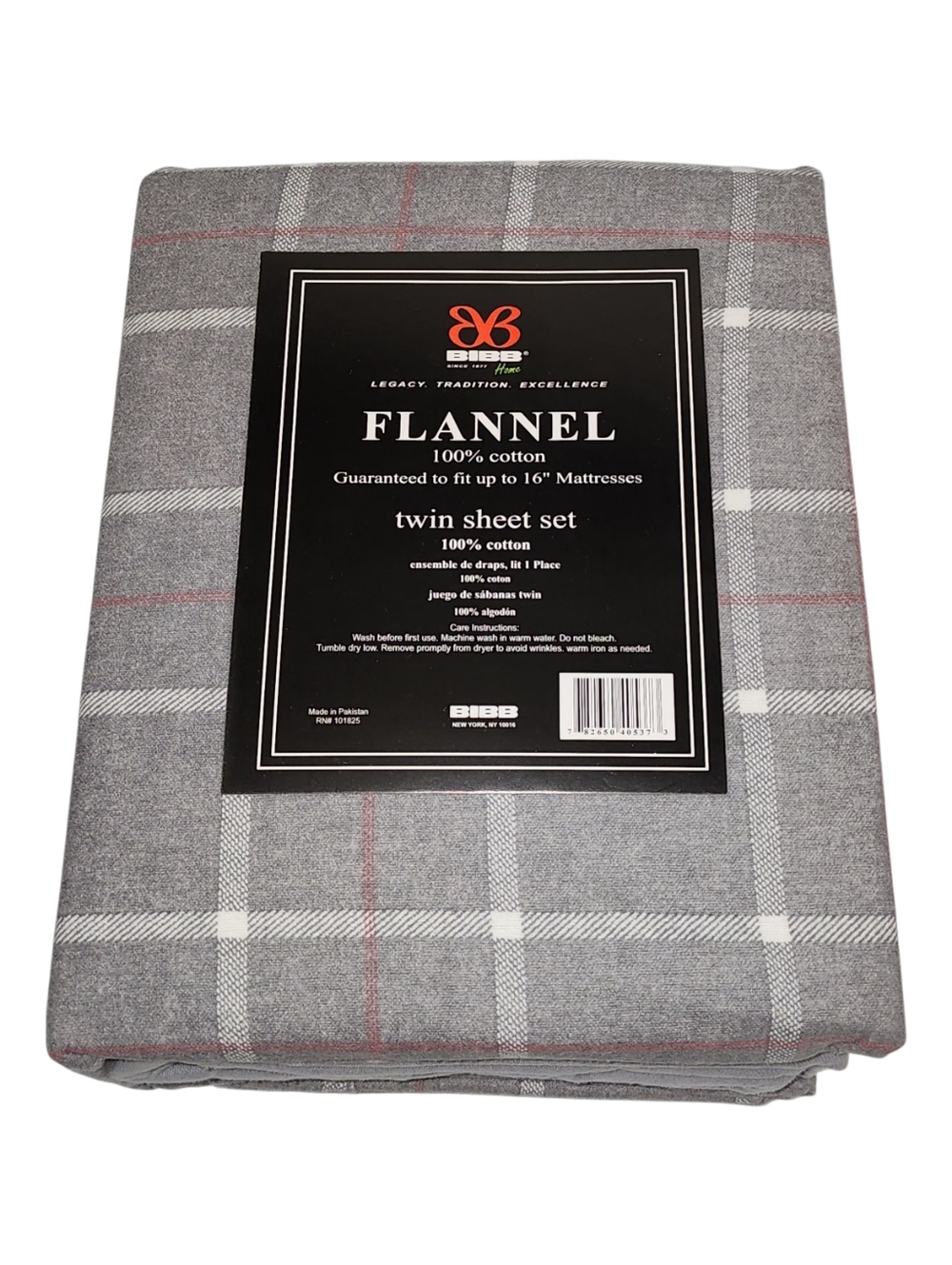BIBB Home Twin Size Gray Checkered Cotton Flannel Sheet Set 3pc